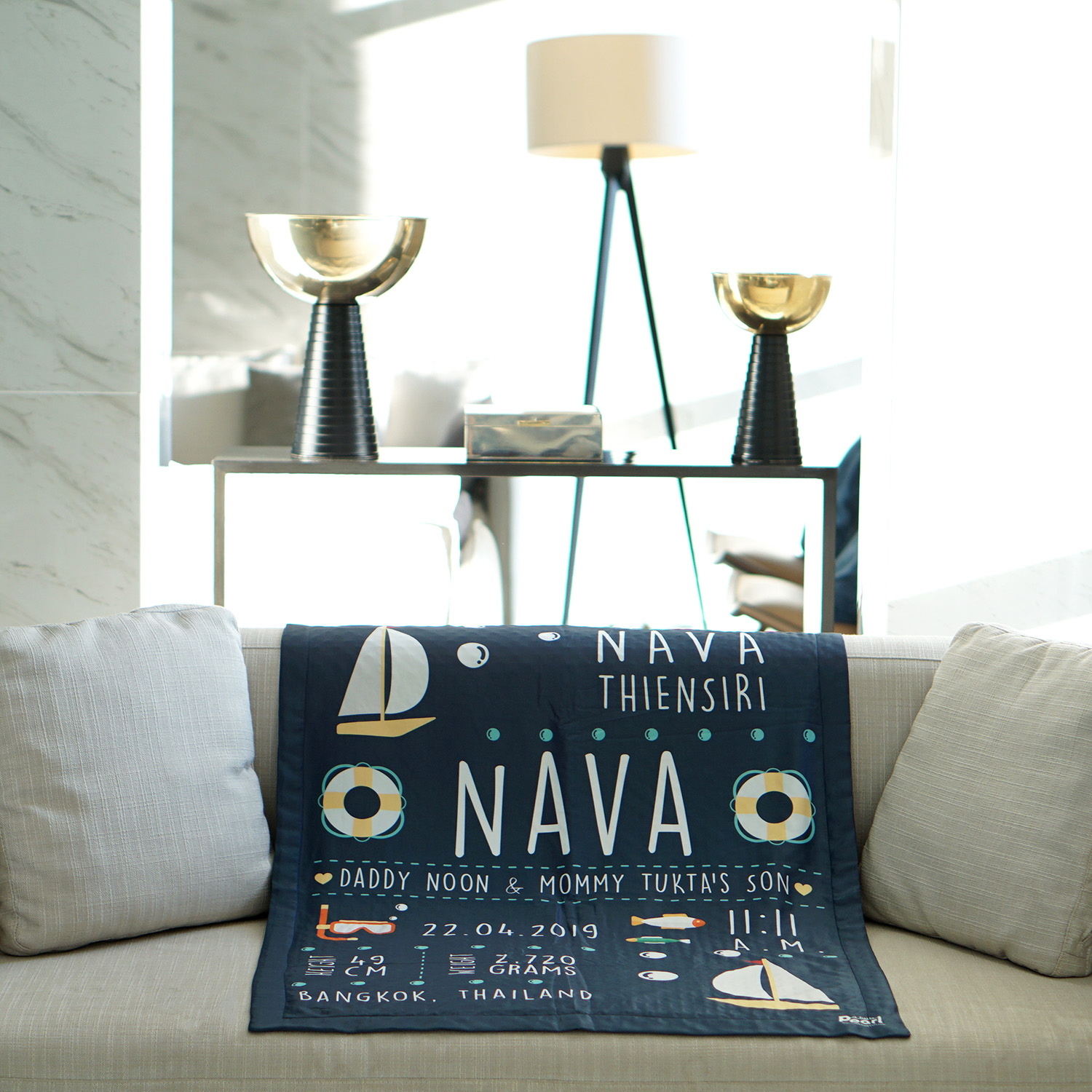 ผ้าห่มเด็ก ใส่ประวัติแรกเกิด ลายเรือใบ - Sailboat - Navy