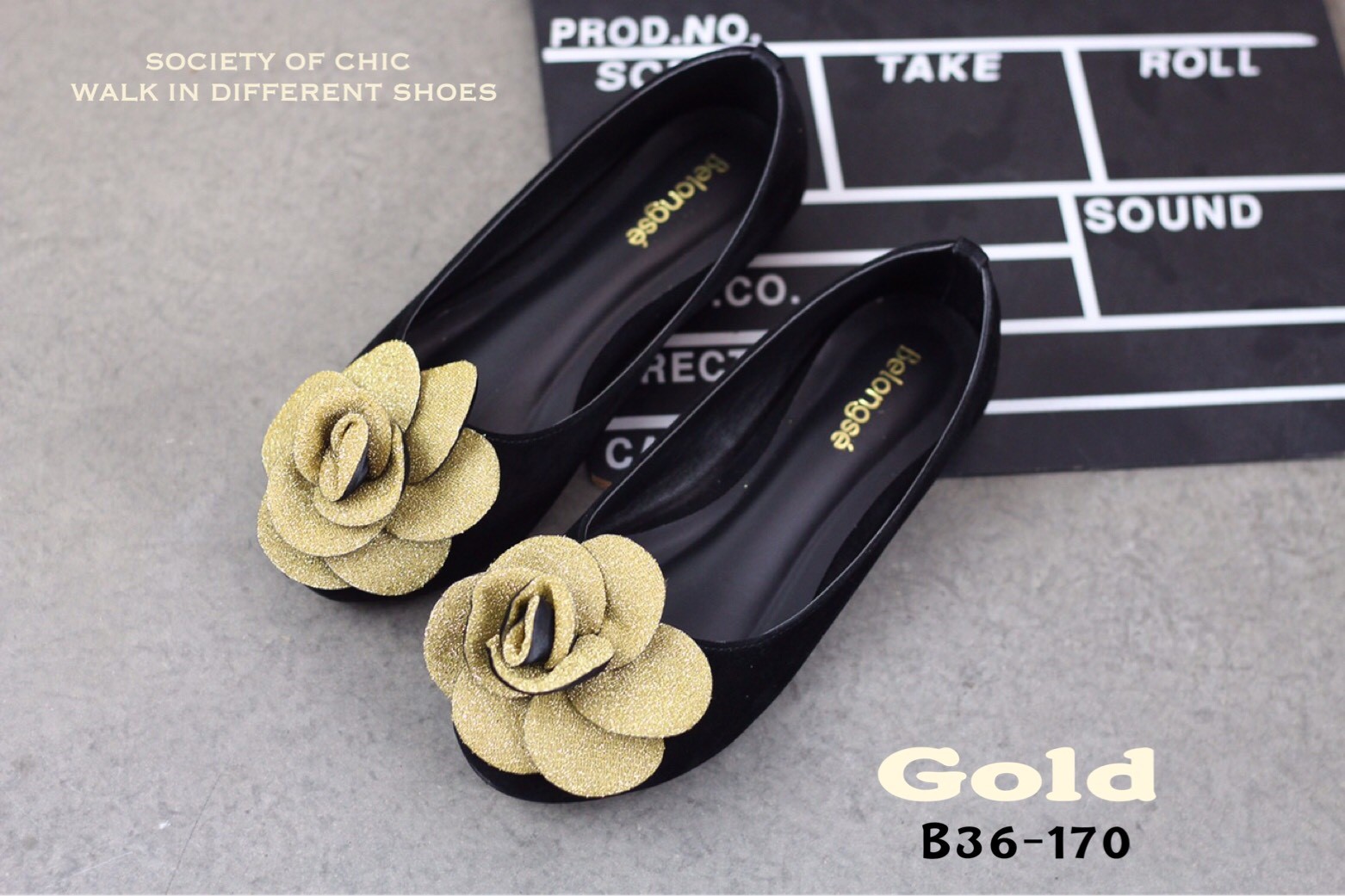รองเท้าคัทชูส้นแบนแต่งดอกไม้วิ๊ง (สีทอง)