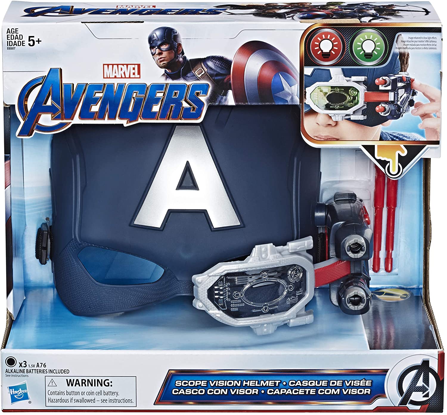 Hasbro Marvel Avengers Captain America Scope Vision Helmet หมวกหน้ากาก กัปตัน อเมริกา (แบบครึ่งใบ) มีแสงสีแดง-เขียว ปรับขึ้นลงได้ บรรจุแท่งยิงได้ ลิขสิทธิ์แท้