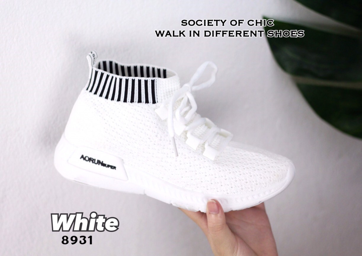 รองเทเา้ผ้าใบสไตล์Sportแต่งขอบถุงเท้าลายทาง (สีชมพู)