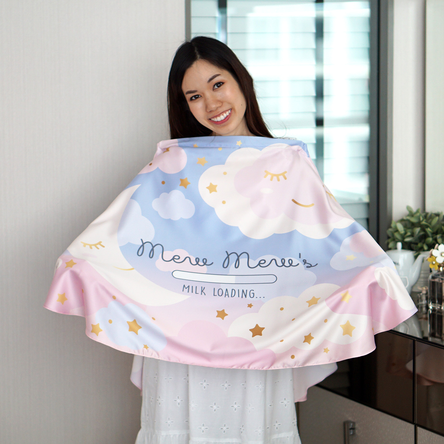 ผ้าคลุมให้นม สั่งทำใส่ชือ ลาย Moon - Blue Pink