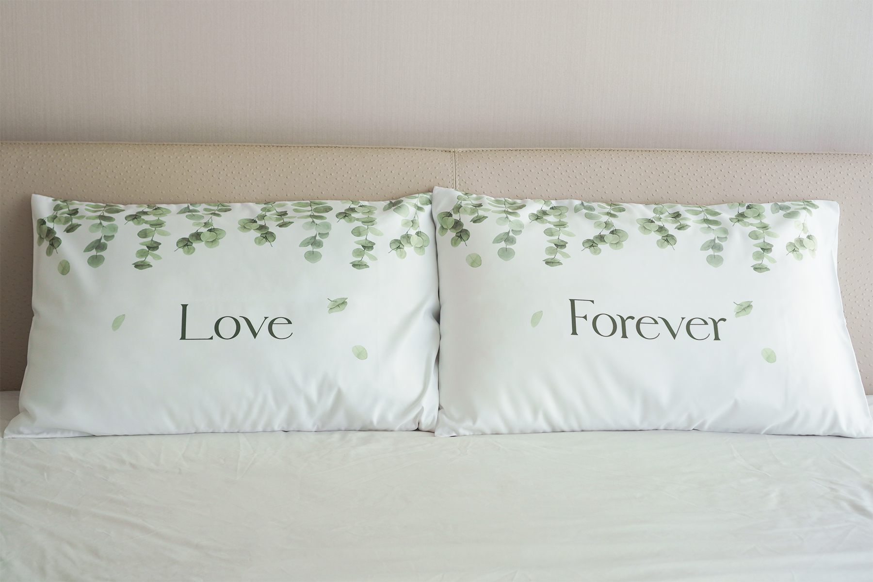 ปลอกหมอนคู่แบบพิมพ์สีเต็มใบ พร้อมส่ง ลาย Green leaves - Love Forever