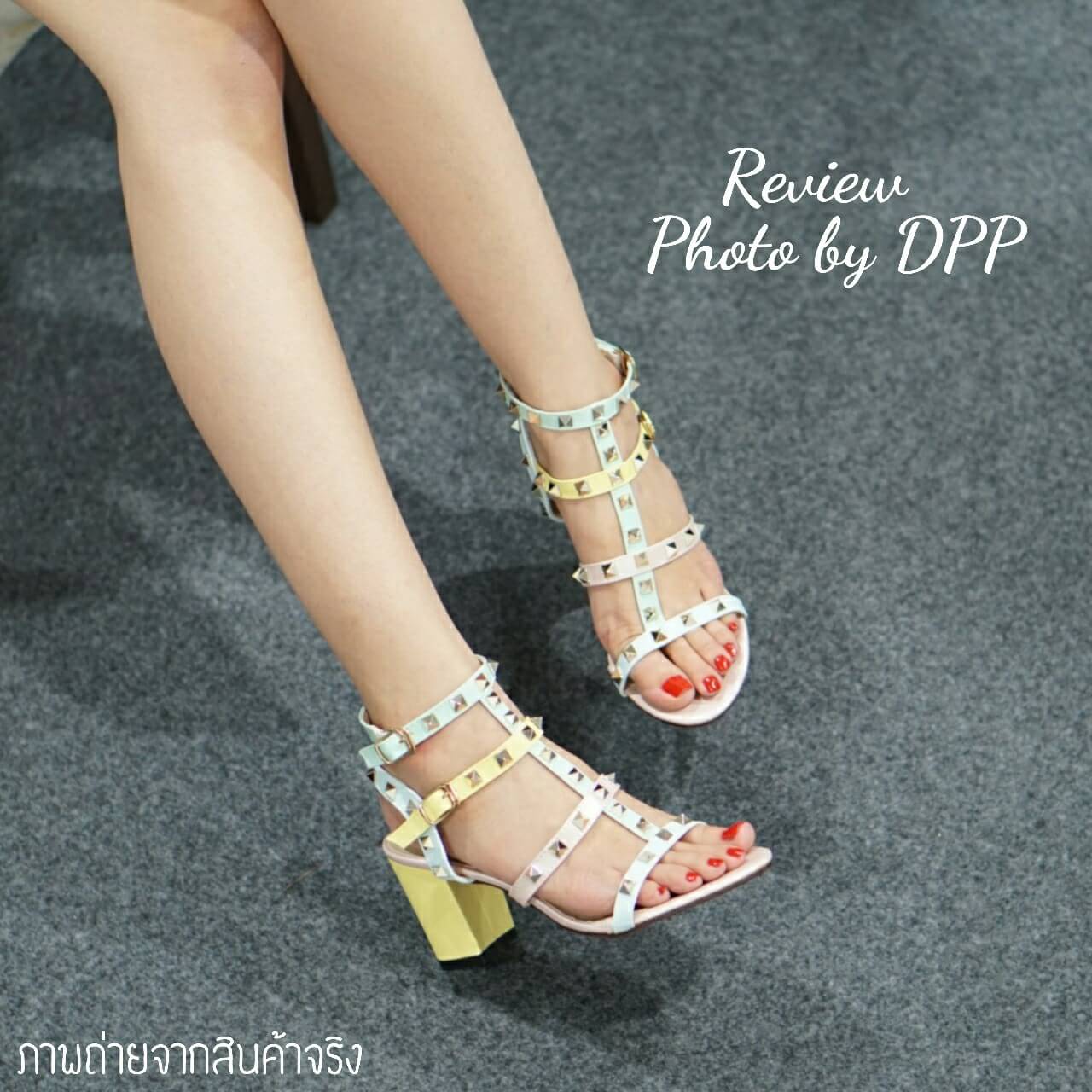รองเท้า Valentino pumps rainbow color t-strap rockstud (สีชมพู)