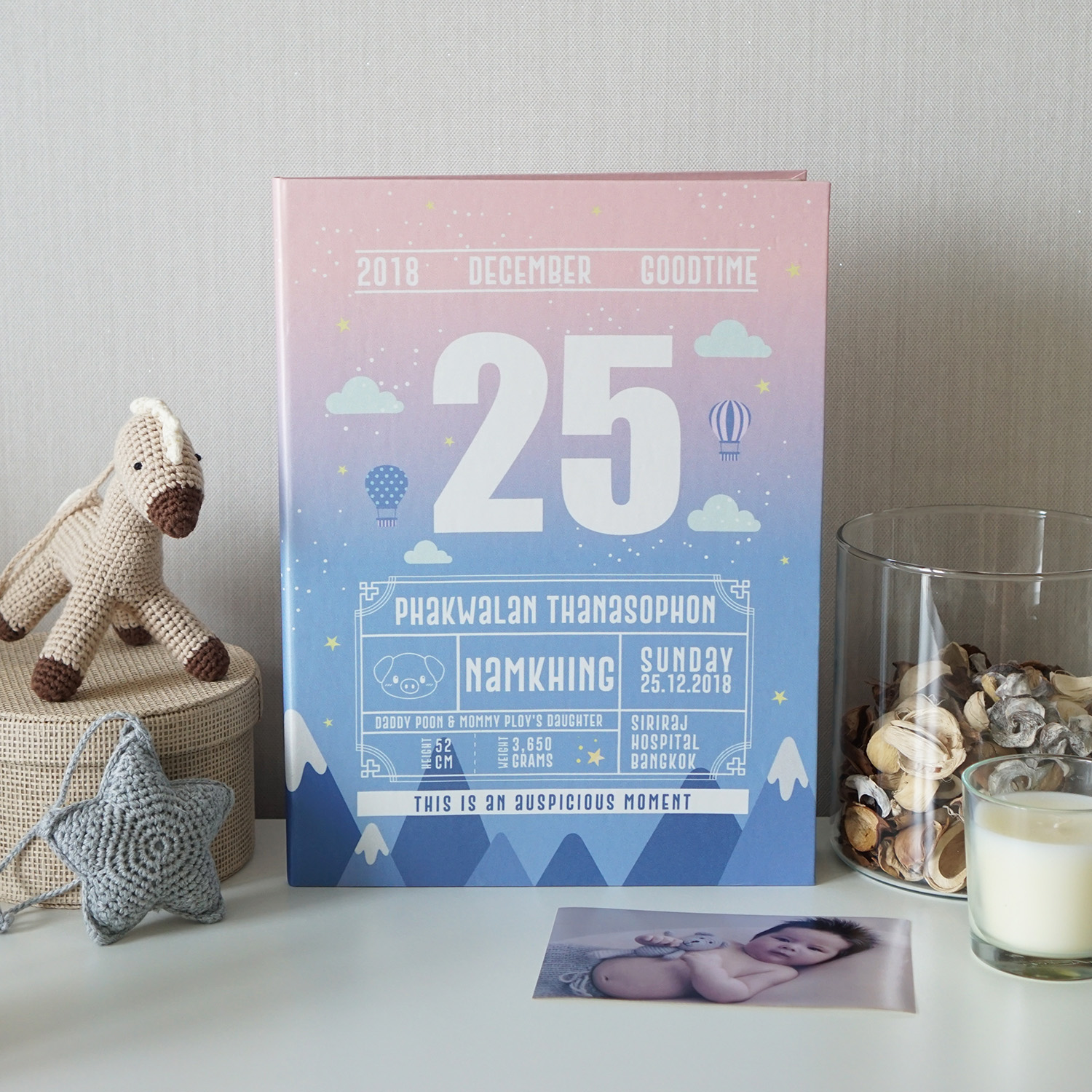 แฟ้มทะเบียนสมรส/สูติบัตร สั่งทำใส่ข้อความ ลาย Chinese Calendar - Mountain - Pink Blue