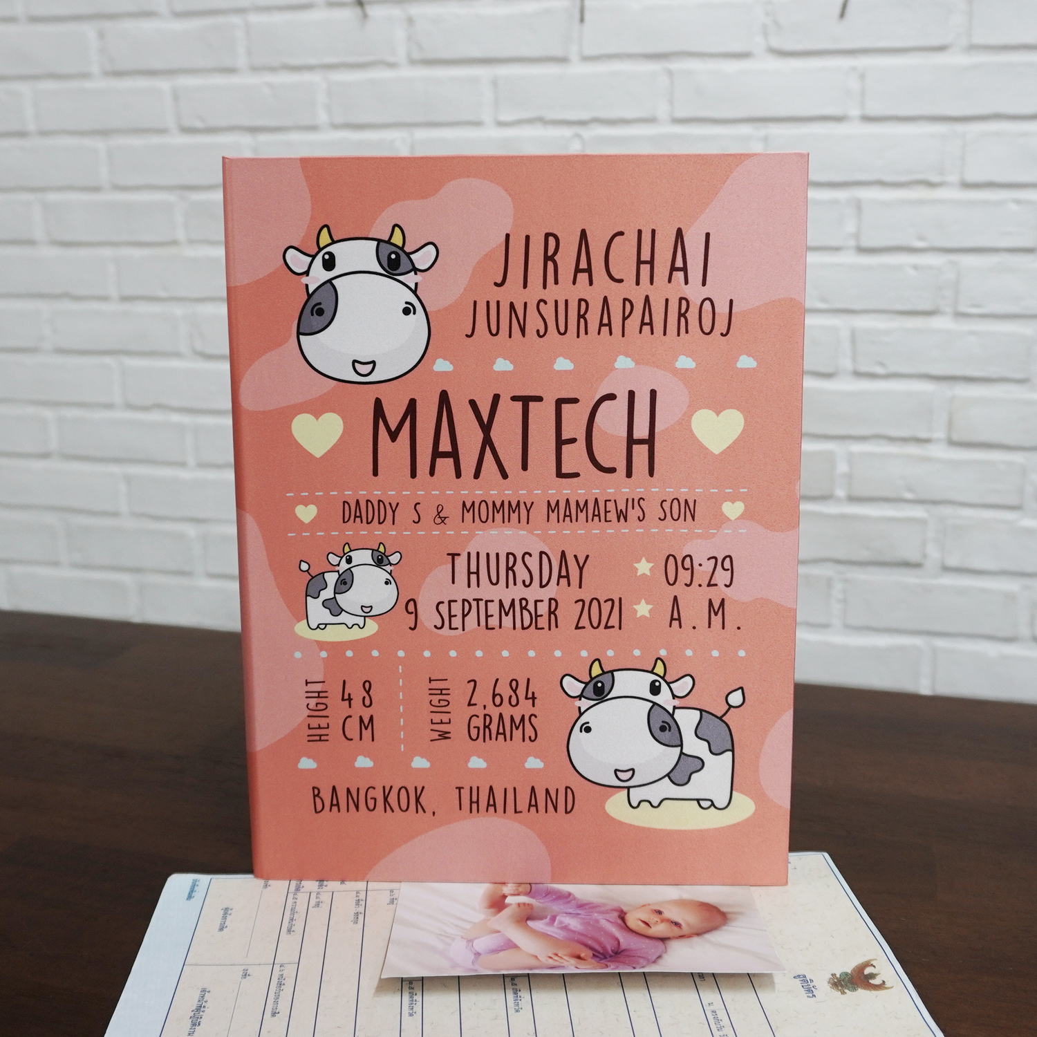 แฟ้มทะเบียนสมรส/สูติบัตร สั่งทำใส่ข้อความ ลาย Cow1 - Peach