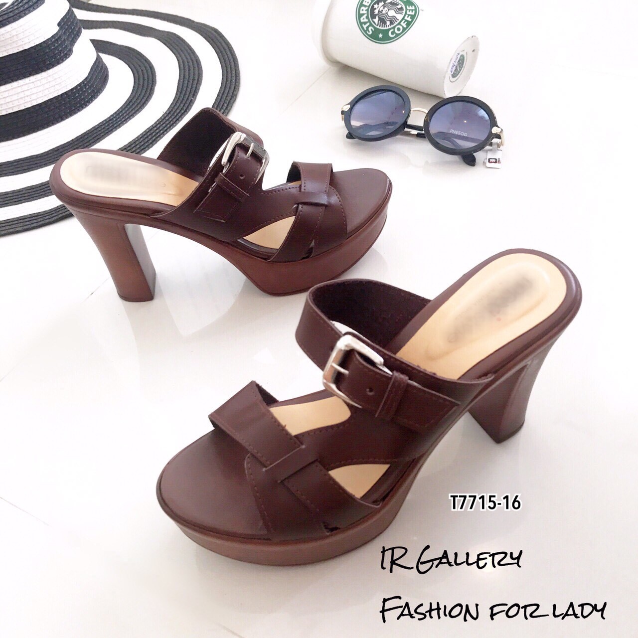 รองเท้าส้นเสริมหน้าสายไขว้ข้าง (สีแทน)