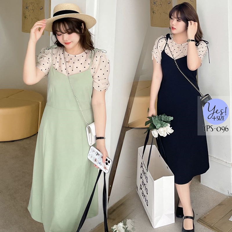 ชุดเซ็ท 2 ชิ้นสาวอวบอก 40-50 นิ้ว เสื้อสีครีมลายจุดดำ+เดรสสายเดี่ยว สีเขียว/สีดำ YPS-096
