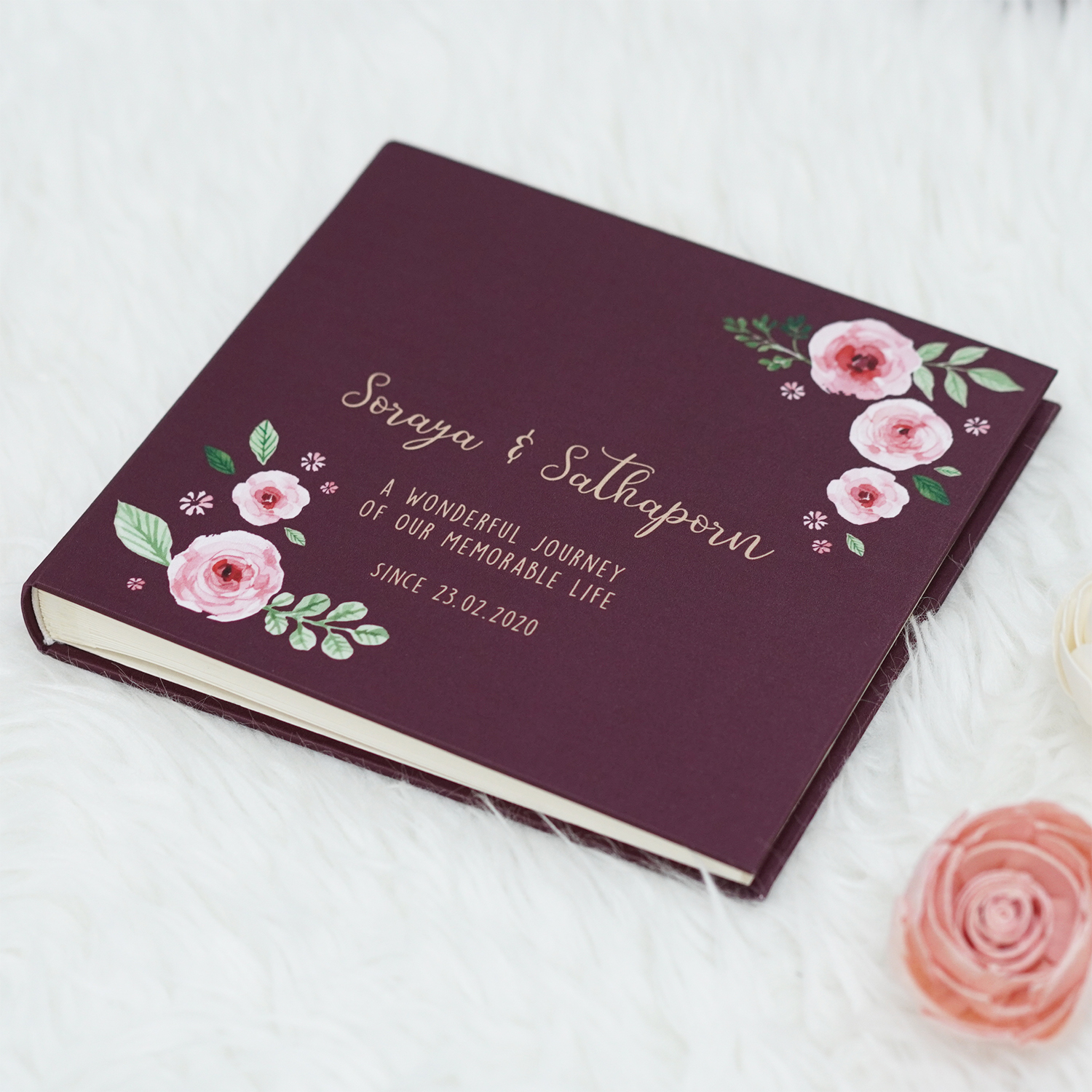 สมุดเซ็น สมุดอวยพร แบบสั่งทำใส่ชื่อ ลาย Rose - Burgundy