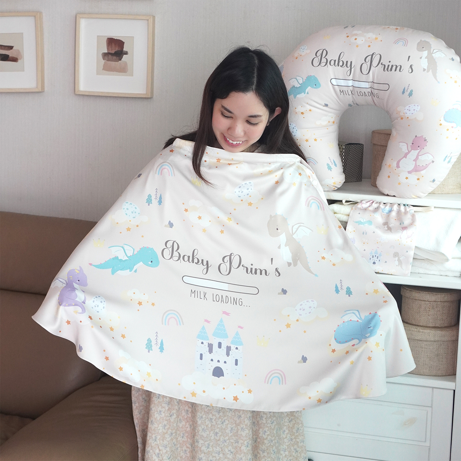 ชุดของขวัญเด็กแรกเกิด NP2 ผ้าคลุมให้นม รุ่น 3in1 + หมอนรองให้นม ลาย Dragon - Cream