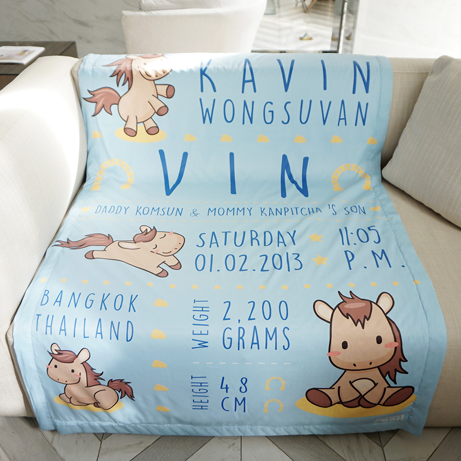 ผ้าห่ม ใส่ประวัติแรกเกิด ลายม้า สีฟ้า ไซส์ใหญ่ 100x150cm / Horse - Blue