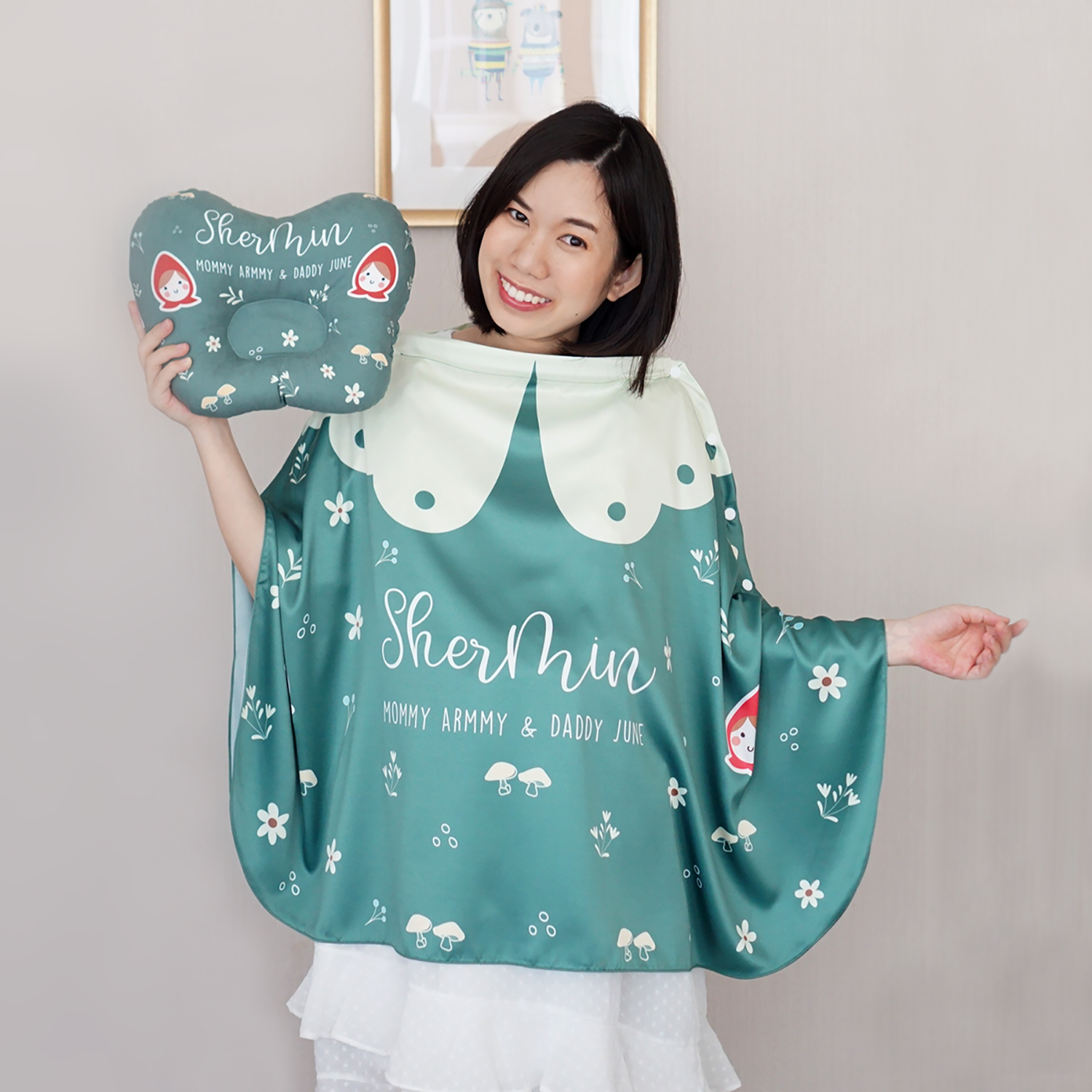 ชุดของขวัญเด็กแรกเกิด BP3 หมอนหลุม + ผ้าคลุมให้นม รุ่น 3in1 ลาย Litte Red Riding Hood - Green