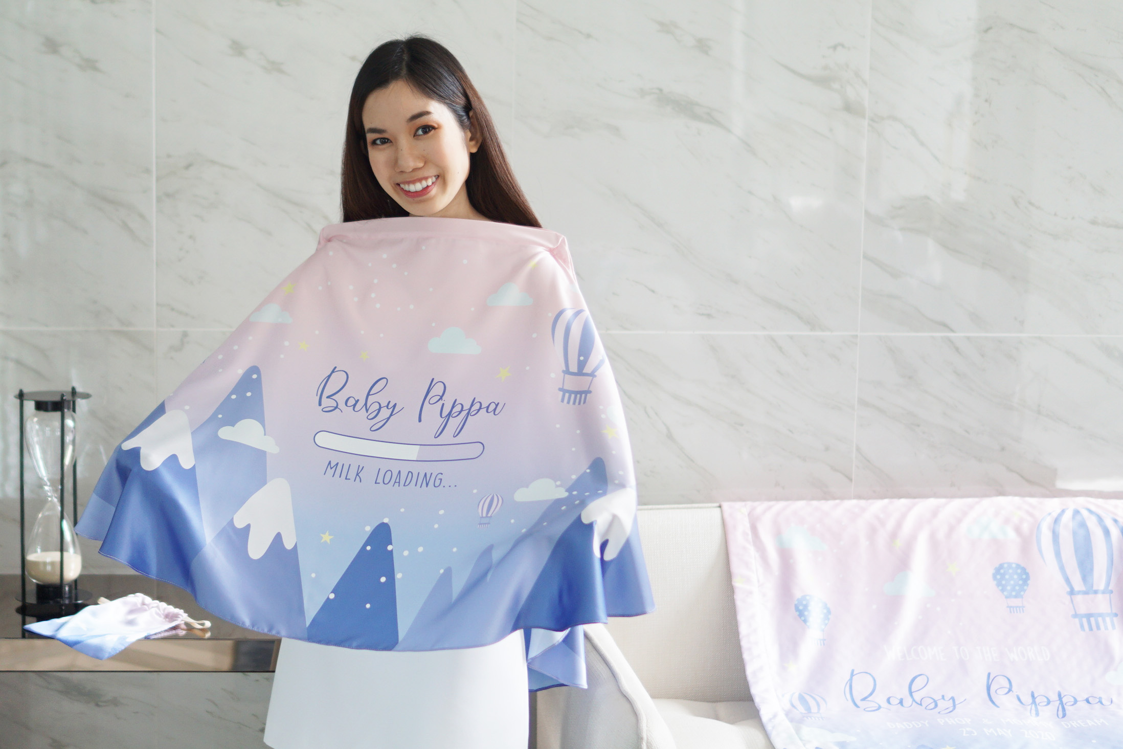 ชุดของขวัญเด็กแรกเกิด ผ้าคลุมให้นม + ผ้าห่มขนาด 75x100cm ลาย Mountain - Pink Blue