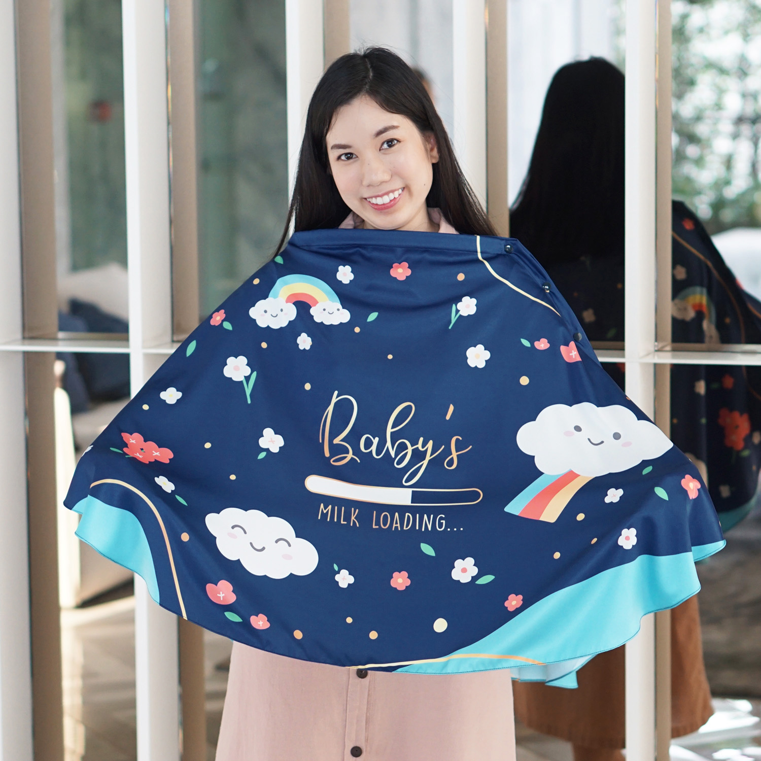 ผ้าคลุมให้นม 3in1 (รุ่นมีกระดุม ถอดโครงได้) แบบสั่งทำใส่ชื่อ ลาย Flower and Rainbow - Navy