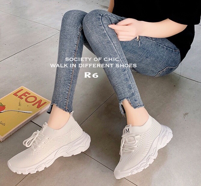 รองเท้าผ้าใบแฟชั่นขอบถุงเท้าสไตล์ Sport (สีชมพู)