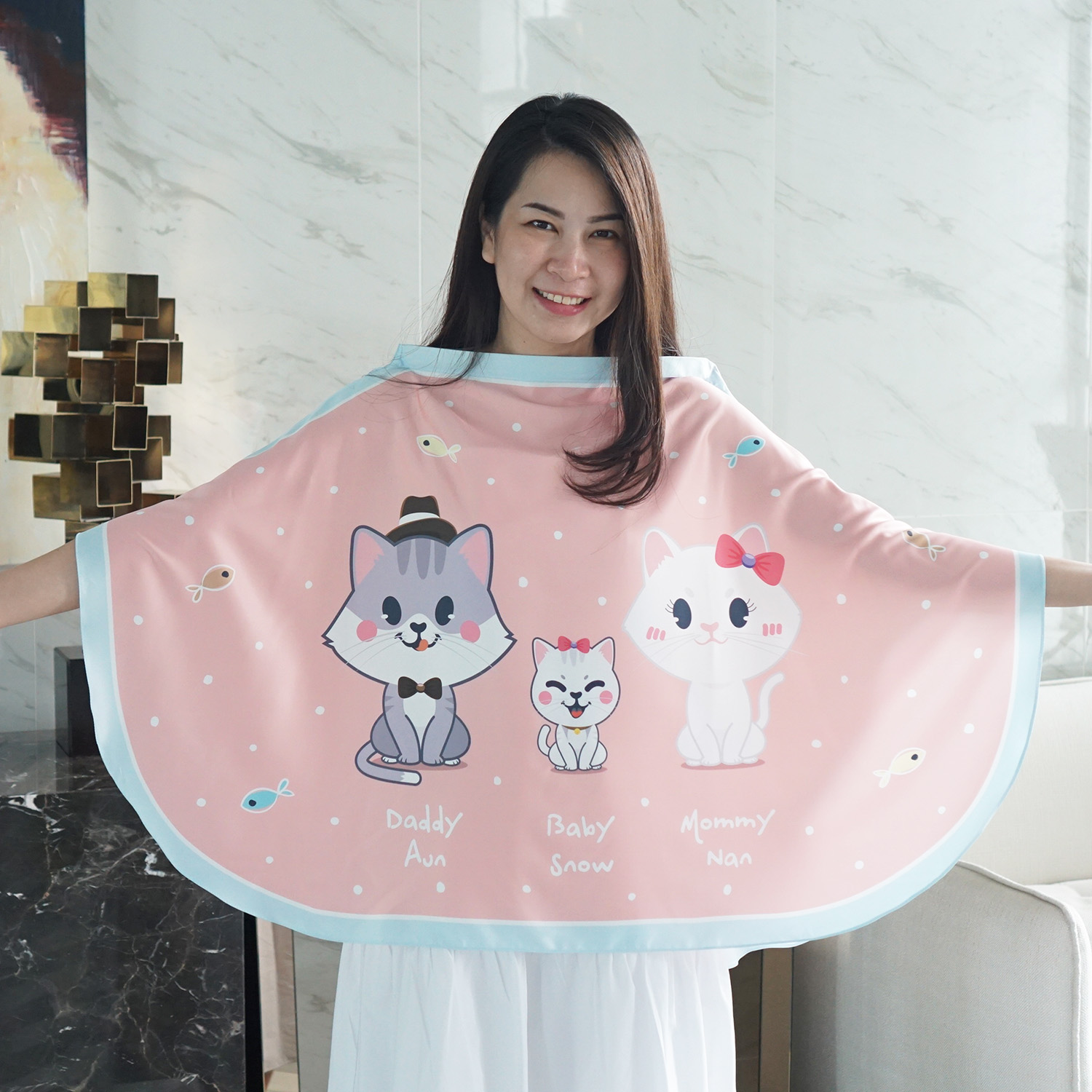 ผ้าคลุมให้นม สั่งทำใส่ชือ ลาย Kitten's Family - Peach