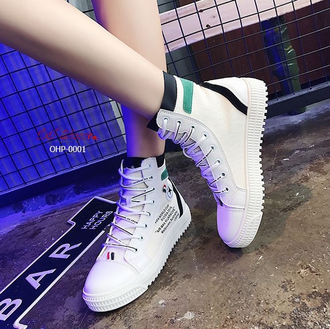 รองเท้าผ้าใบหุ้มข้อแต่งลายแฟชั่น (สีเขียว)