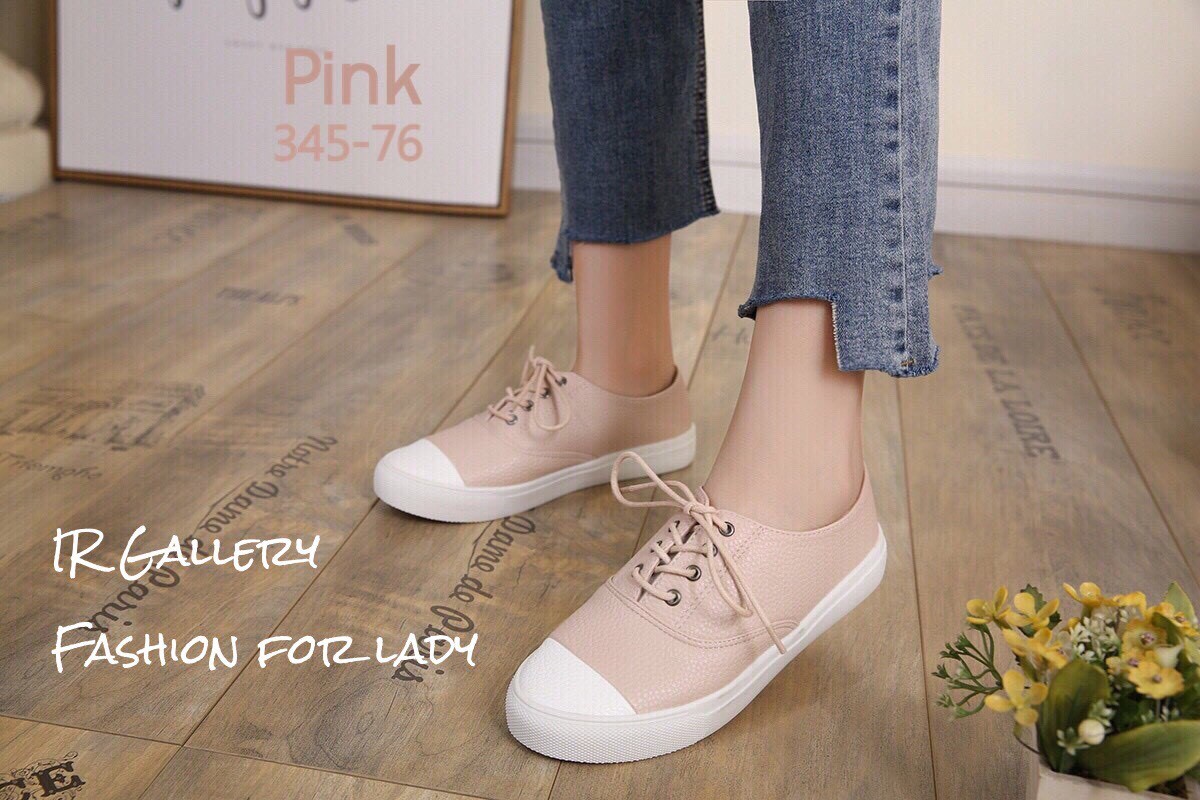 รองเท้าผ้าใบหนังพียูเรียบ (สีชมพู)