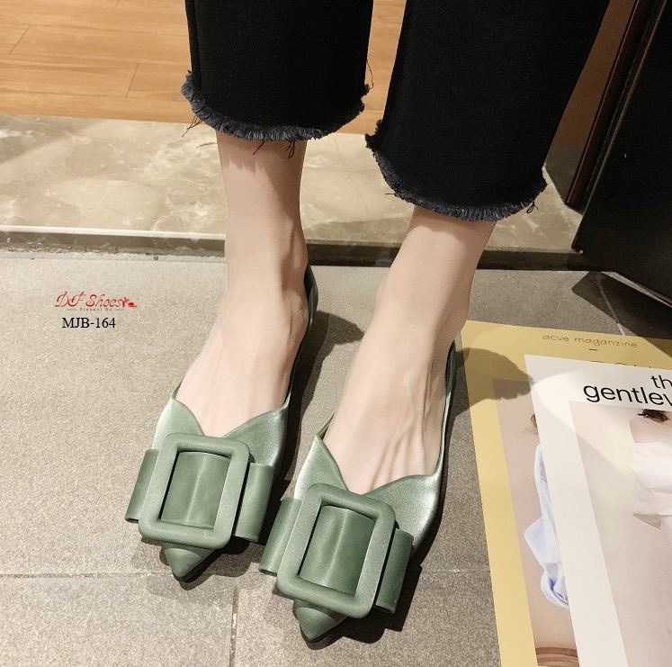 รองเท้าคัทชูส้นแบนแต่งโบว์เข็มขัด (สีเขียว)