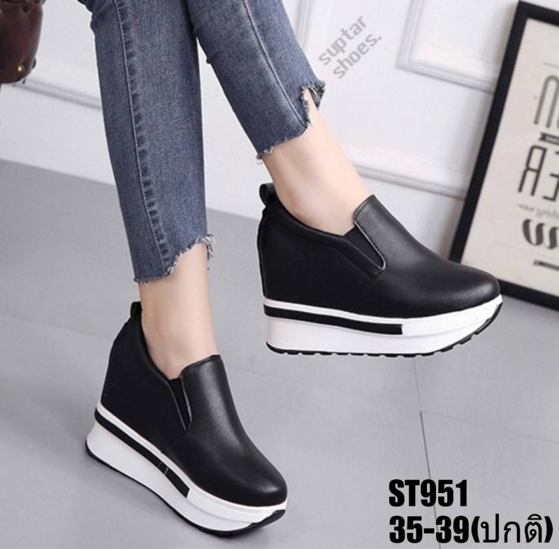 รองเท้าผ้าใบแฟชั่นเสริมส้น (สีดำ)