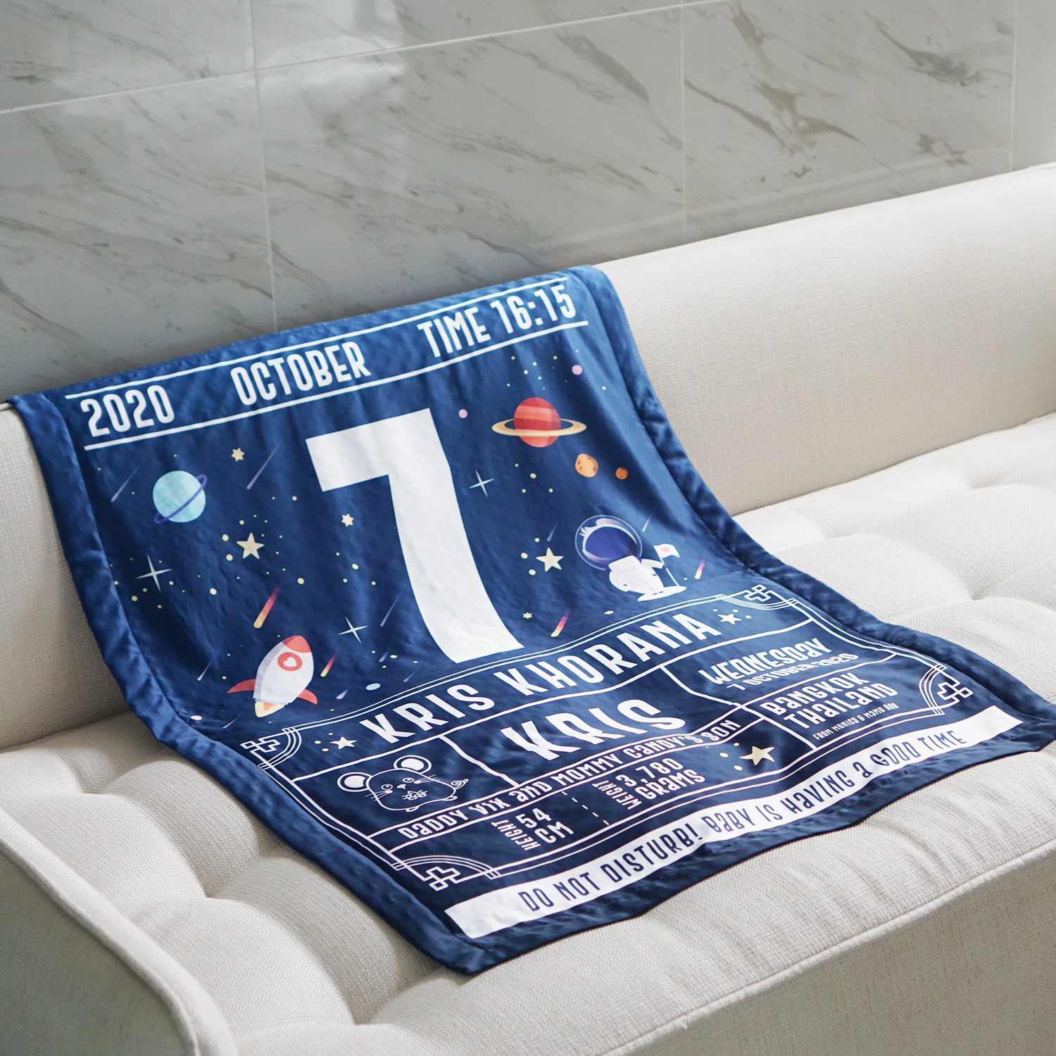 ผ้าห่มเด็ก ใส่ประวัติแรกเกิด ลาย Chinese Calendar - Space - Navy