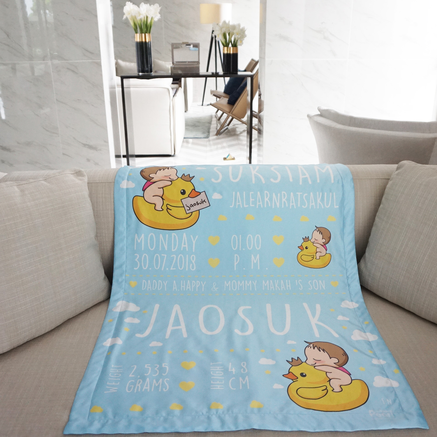 ผ้าห่มเด็ก สั่งทำใส่ชื่อ ลาย Ducky and Baby Boy - Blue