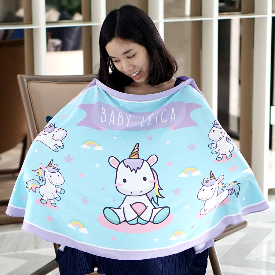 ผ้าคลุมให้นม สั่งทำใส่ชือ ลาย Unicorn - Blue