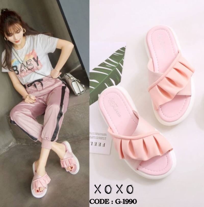 รองเท้าแตะpvcแต่งจีบ (สีขาว)