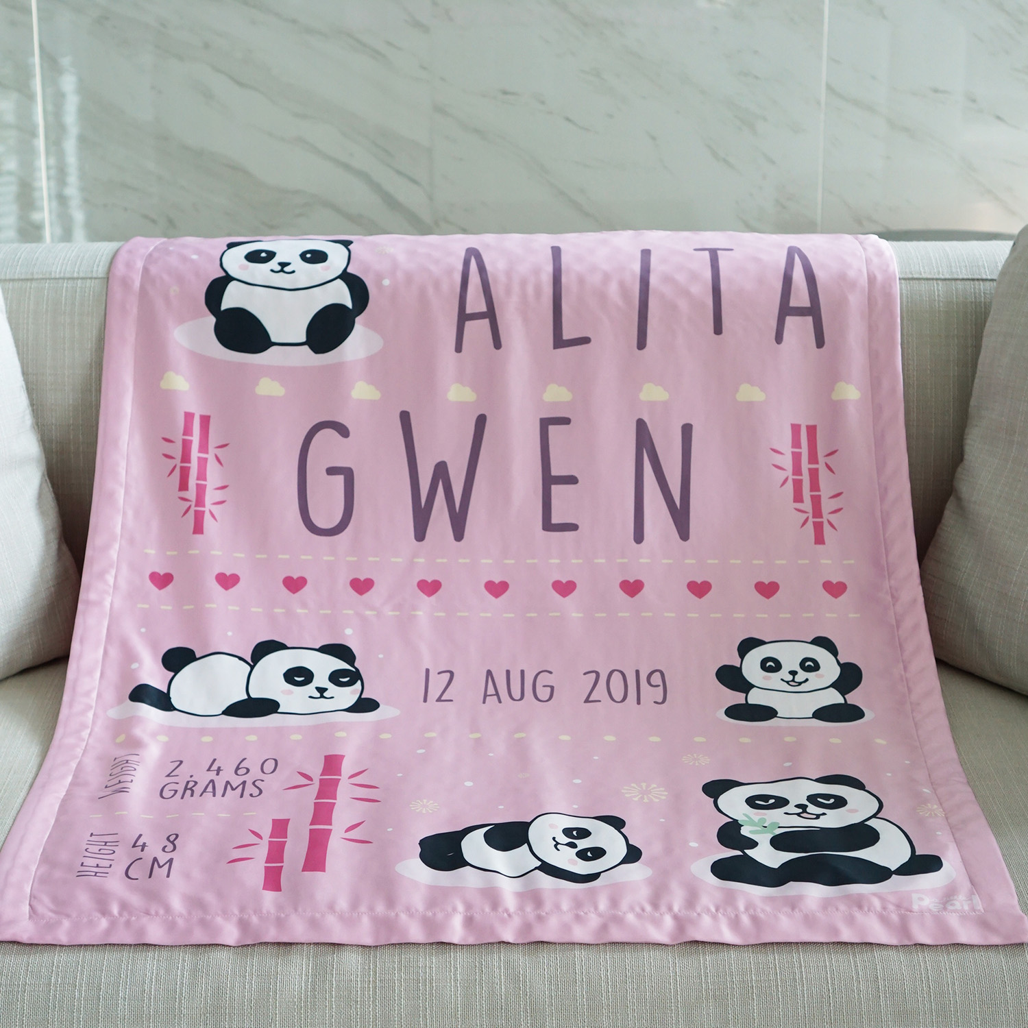 ผ้าห่มเด็ก ใส่ประวัติแรกเกิด ลาย Panda - Pink