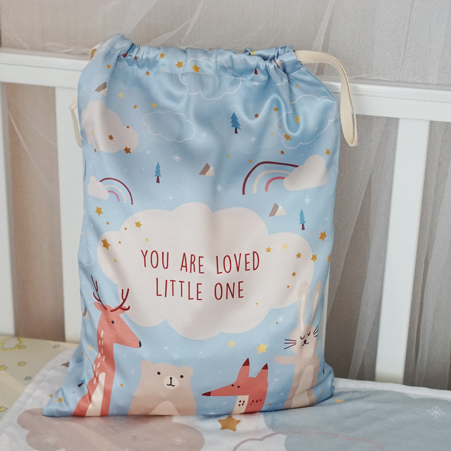ถุงผ้าซาตินพร้อมส่ง ไซส์ L ลาย Woodland - Blue
