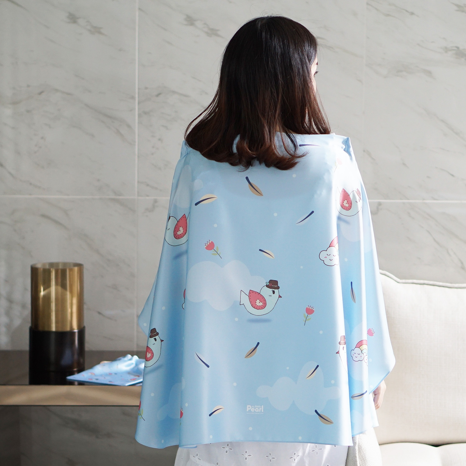 ผ้าคลุมให้นม สั่งทำใส่ชือ ลาย Bird - Blue