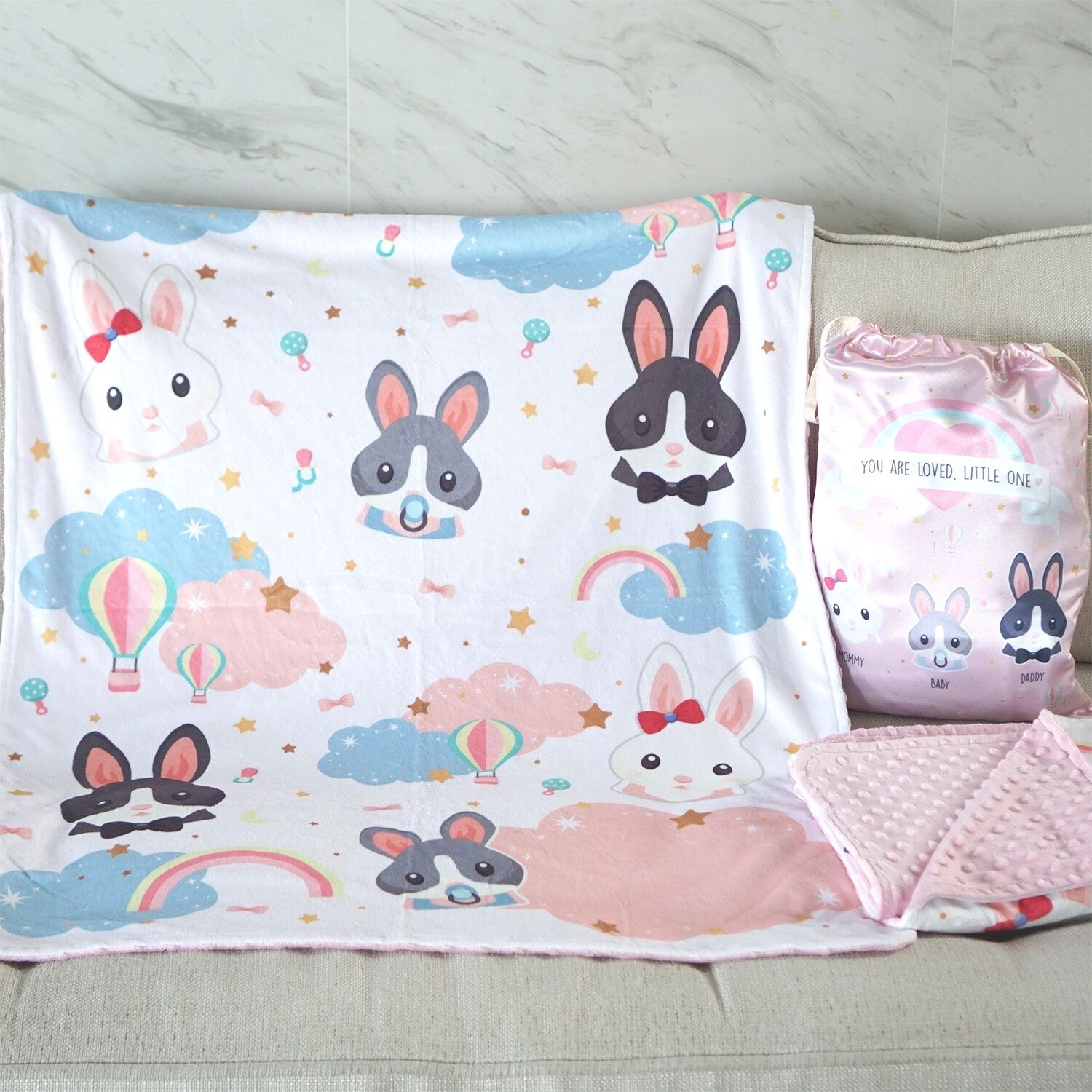 ผ้าห่ม Minky 75x100cm พร้อมส่ง ลายกระต่าย Rabbit มีสีฟ้ากับชมพู