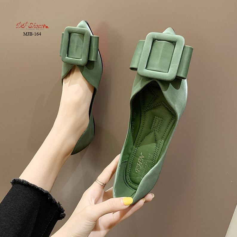 รองเท้าคัทชูส้นแบนแต่งโบว์เข็มขัด (สีเขียว)