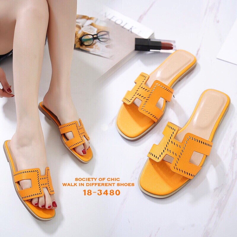 รองเท้าแตะ Style Hermes ฉลุลาย (สีน้ำตาล)