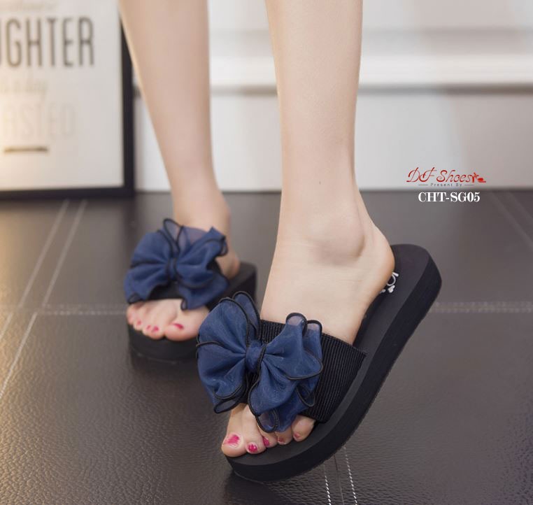 รองเท้าแตะแต่งโบว์ซีฟอง (สีน้ำเงิน)