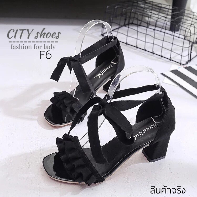 รองเท้าส้นตันผูกโบว์ (สีเทา)