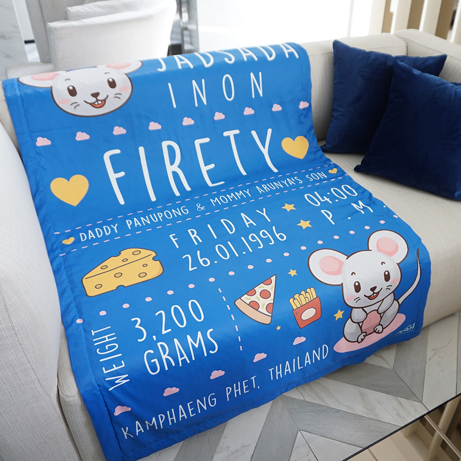 ผ้าห่ม ใส่ประวัติแรกเกิด ลายปีหนู สีน้ำเงิน ไซส์ใหญ่ 100x150cm