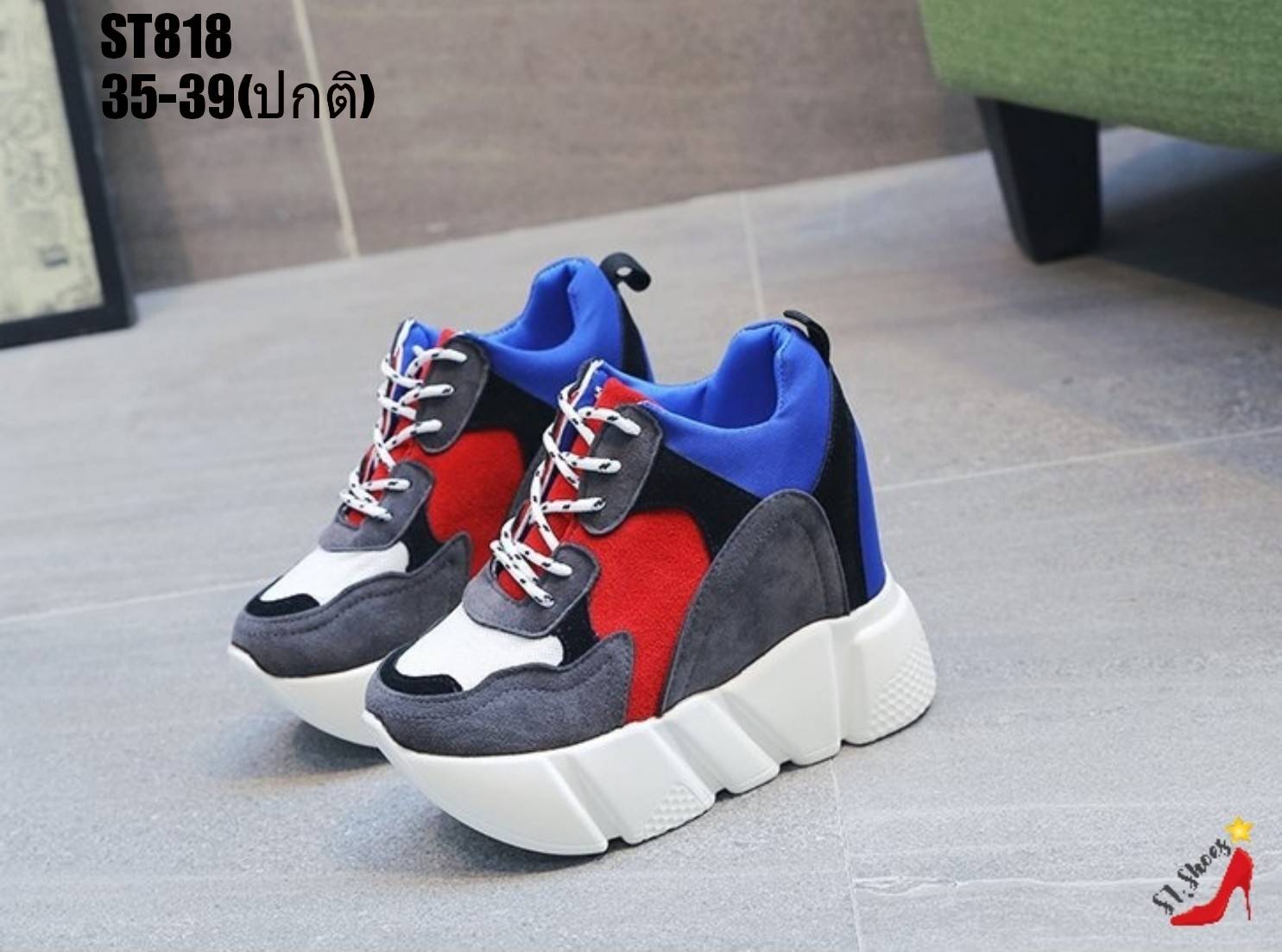 รองเท้าผ้าใบเสริมส้นแต่งลายแฟชั่น (สีดำ)