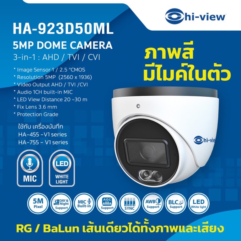 ขายถูก Hi-view HA-923D50ML (Hiview Dome Camera Night Color Mic-Built-in 5 MP 3 in 1) กล้องวงจรปิดไฮวิว 5 ล้านพิกเซล บันทึกภาพสี 24 ชั่วโมง มีไมค์ในตัว บันทึกภาพและเสียง ใช้งานภายใน ประกันศูนย์