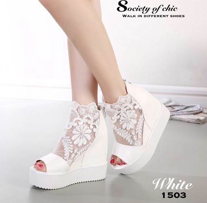 รองเท้าเตารีดลูกไม้เกาหลีแต่งซิป (สีดำ)