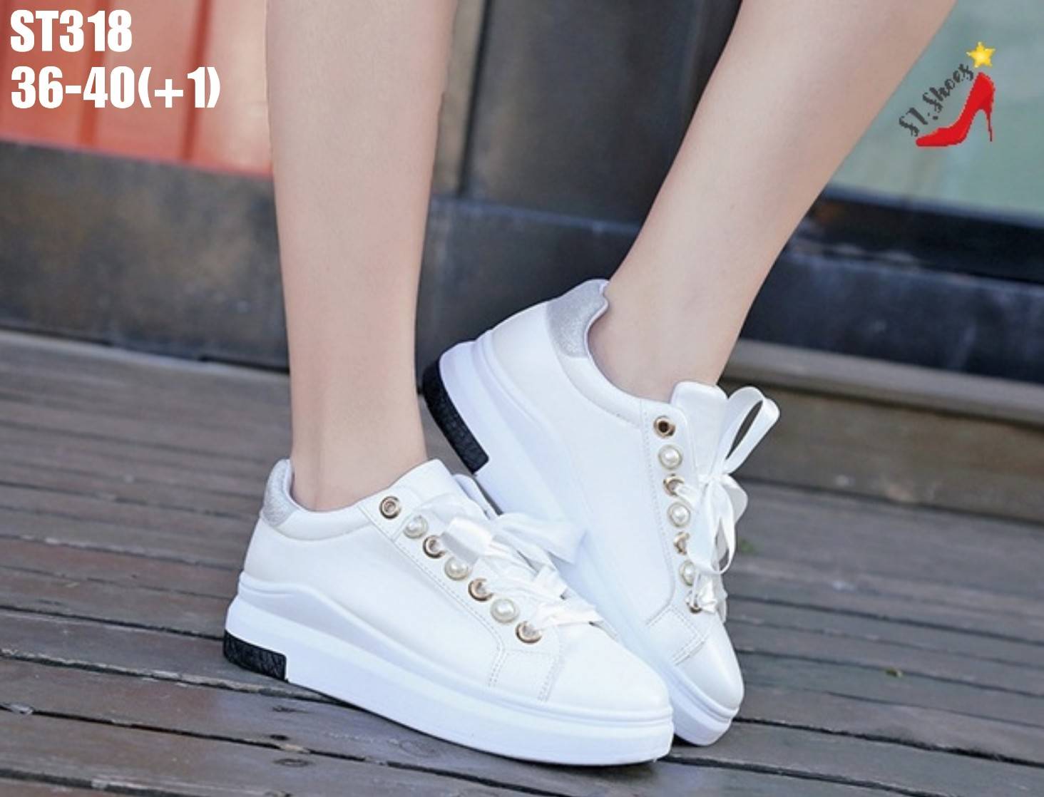 รองเท้าผ้าใบแต่งมุกแฟชั่น (สีชมพู)