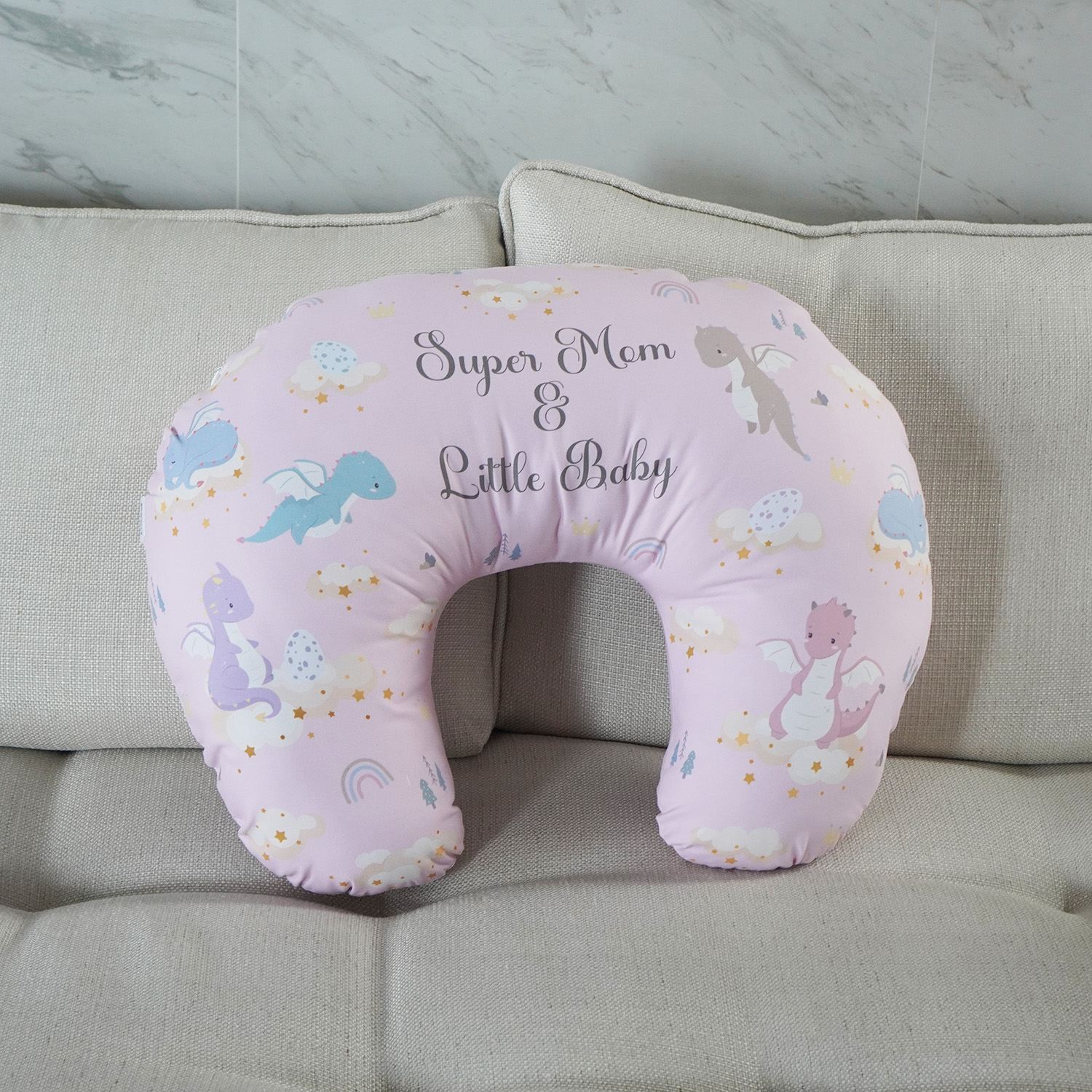 หมอนรองให้นม สั่งทำใส่ชื่อ ลาย Dragon - Pink