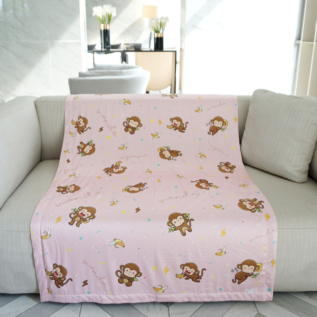 ผ้าห่ม ใส่ชื่อ Monkey Pattern - Pink ไซส์ใหญ่ 100x150cm