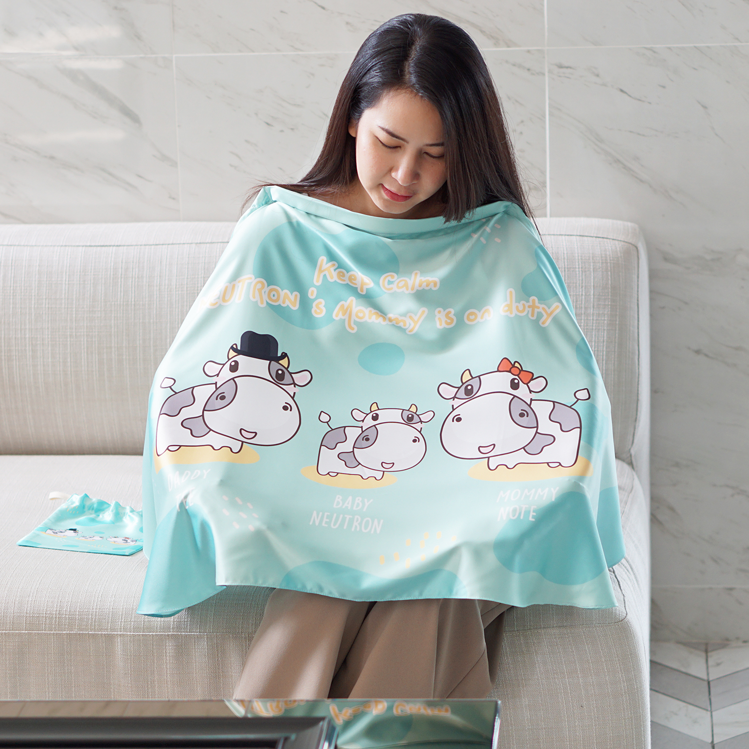 ชุดของขวัญเด็กแรกเกิด ผ้าคลุมให้นม + ผ้าห่มขนาด 75x100cm ลาย Cow1 - Mint