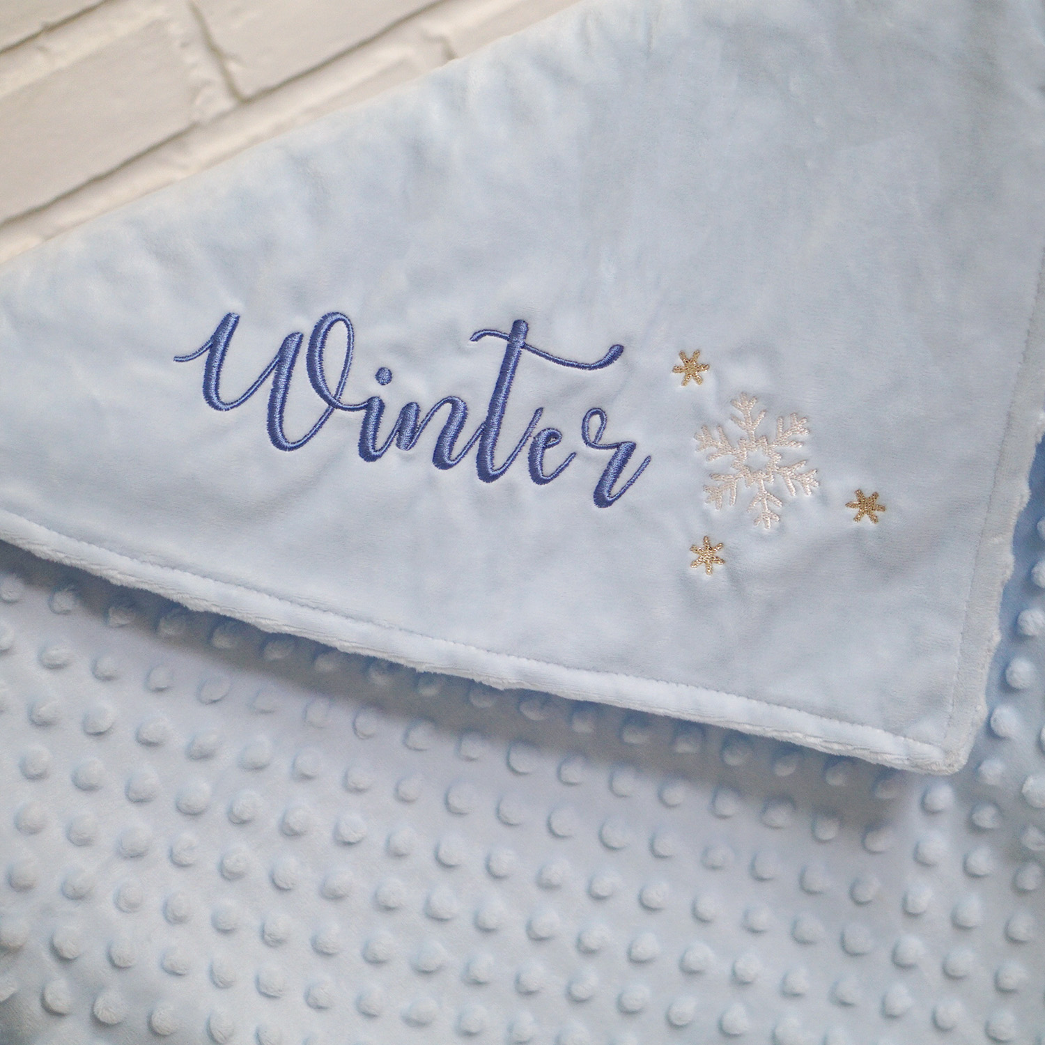 ผ้าห่ม Minky - สีฟ้า 75x100cm แบบปักชื่อ+icon - Snow flake