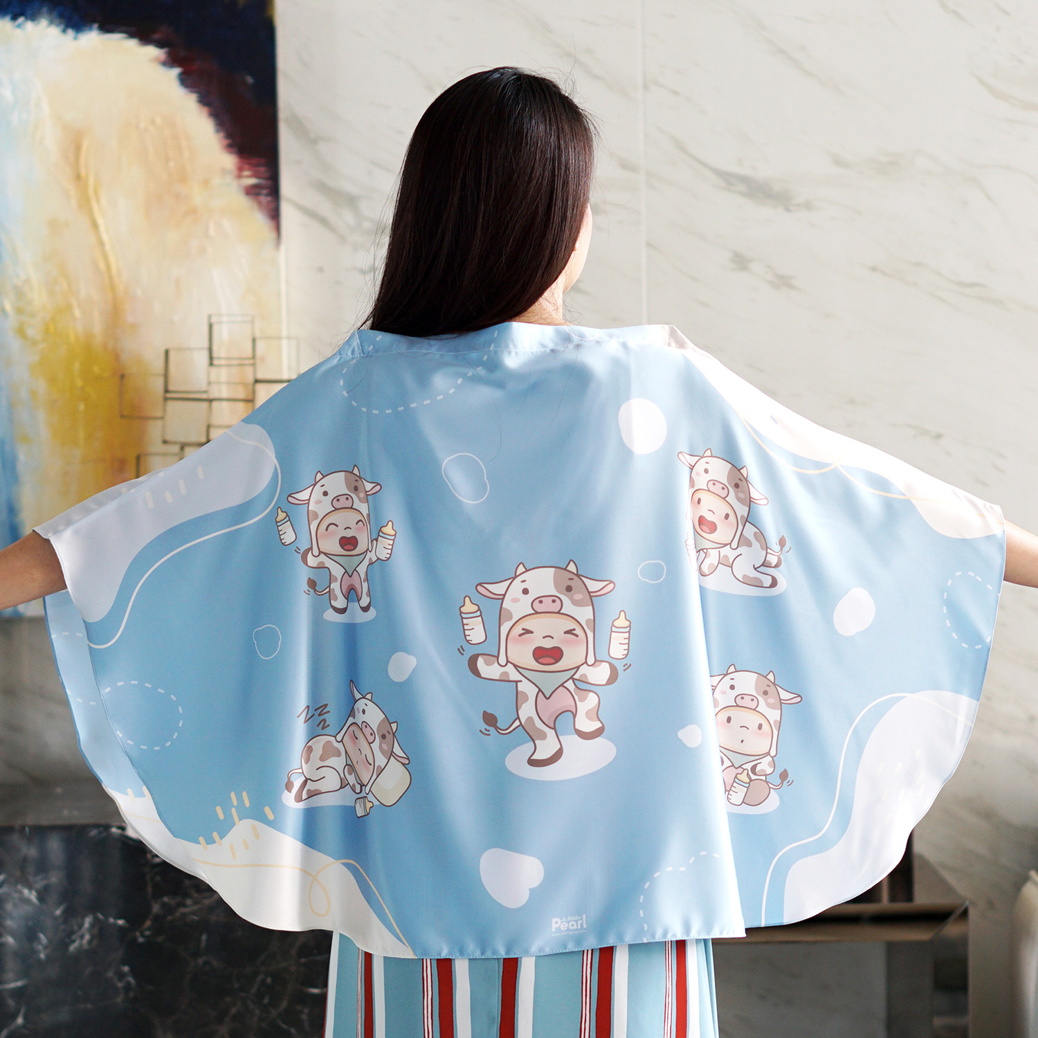 ผ้าคลุมให้นม สั่งทำใส่ชือ ลาย Cow - Blue