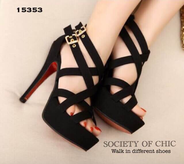รองเท้าส้นสูงหน้าไข้ว2ชั้น (สีดำ)