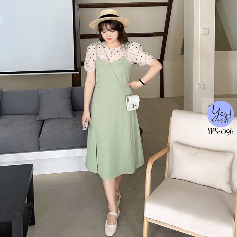 ชุดเซ็ท 2 ชิ้นสาวอวบอก 40-50 นิ้ว เสื้อสีครีมลายจุดดำ+เดรสสายเดี่ยว สีเขียว/สีดำ YPS-096
