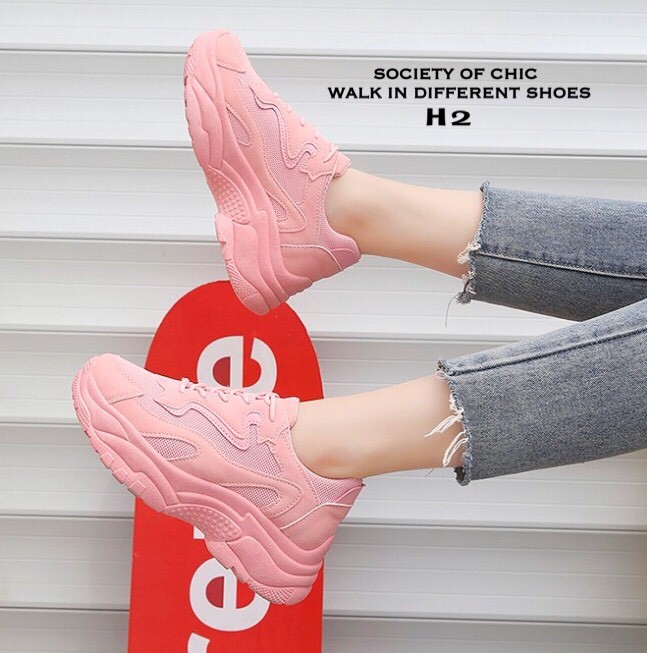 รองเท้าผ้าใบเสริมส้นทรง Sportแต่งลาย (สีชมพู)