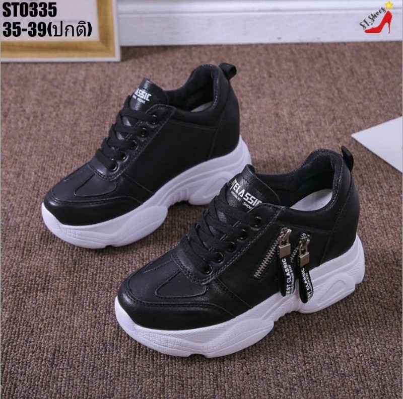 รองเท้าผ้าใบแฟชั่นเสริมส้นแต่งซิปข้าง (สีดำ)