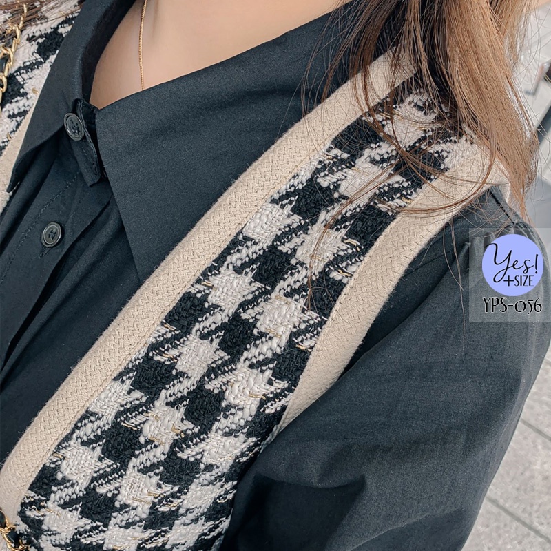 ชุดเซ็ท 2 ชิ้นสาวอวบอก 40-50 นิ้ว เชิ๊ตเดรสแขนยาว สีขาว/สีดำ + เสื้อกั๊กทวีตลายชิโนริสีขาวดำ (ขายแยกชิ้นค่ะ) YPS-056